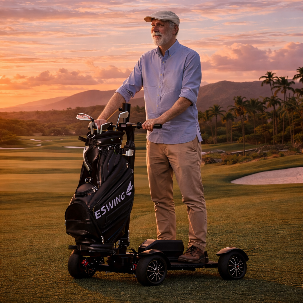 Rafknúin golfskutla (aðeins 40kg) Þægilegt sæti og regnhlífa haldari fylgir með tækinu.