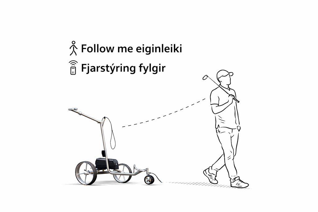 VÆNTANLEGT 2027 -  Samanbrjótanleg 3 hjóla rafknúin golfkerra með fjarstýringu – "follow me" (með uppfærslu (4 dekk))